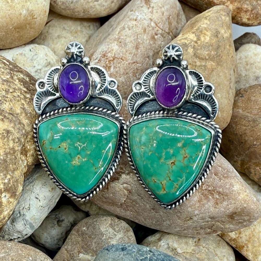 Native American Sterling Silver Turquoise & Amethyst Earrings “Revé” – 22.64g - Picture 14 of 17